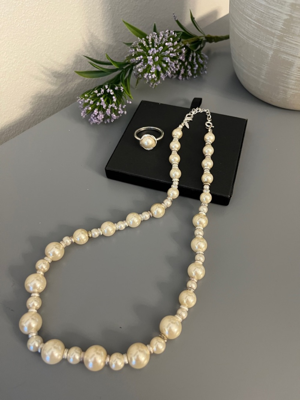 Cream Pearl Bead Necklace with Matching Ring - Classic Pearl Set
